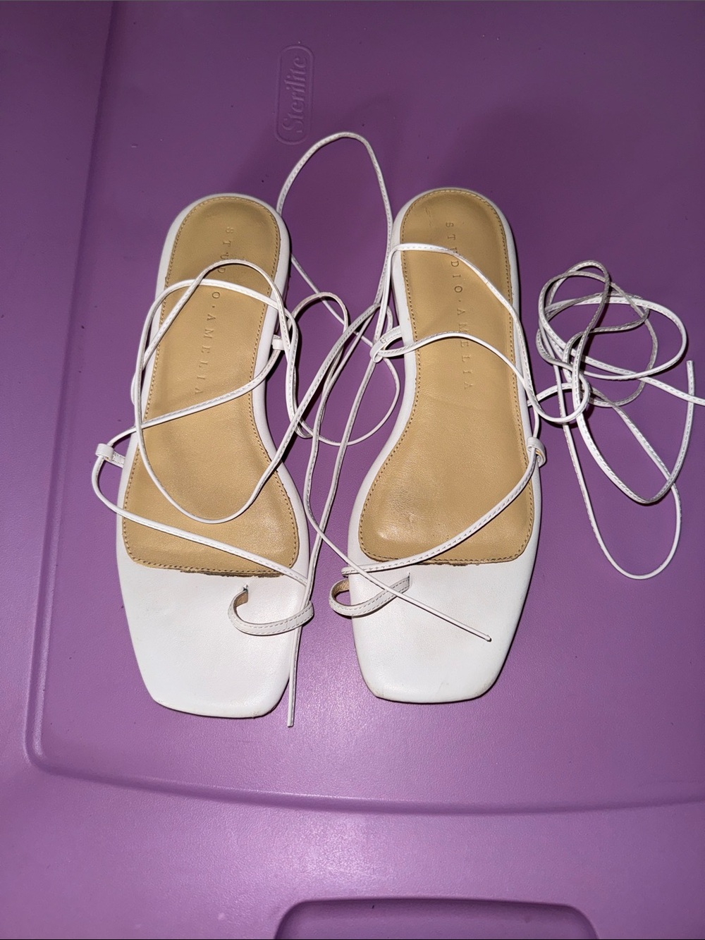 STUDIO AMELIA White Lace-Up Square Toe Sandals